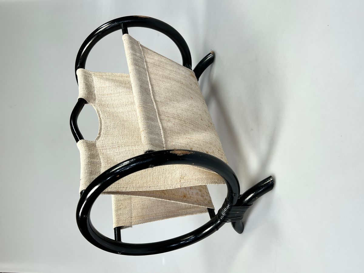 Vintage Ronde Lectuurbak / Tijdschriftenrek, Zwart Rotan, 1970's image 5