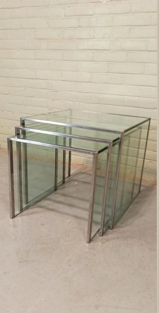 Vintage Glas En Chrome Mimiset Nesting Tables Bijzettafels image 14