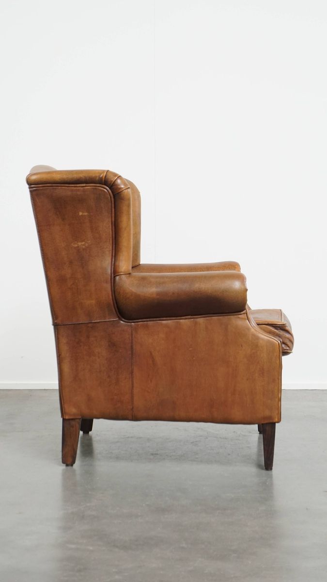 Geweldige, Karaktervolle Vintage Schapenleren Oorfauteuil Met Een Mooi Patina image 3