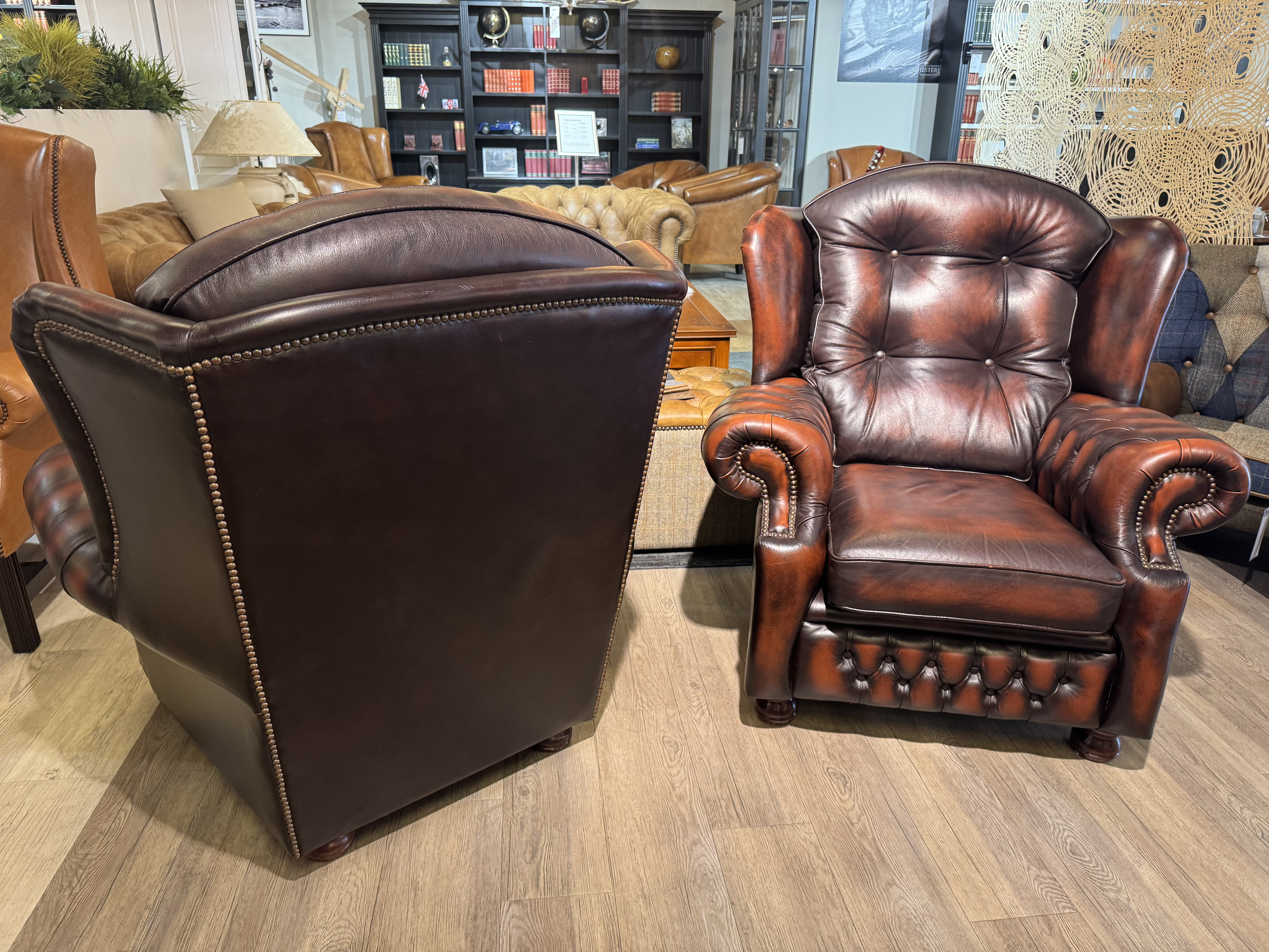2x Engelse Springvale Chesterfield Oorfauteuils Suzanne Dark Rust / Rood Bruin image 6