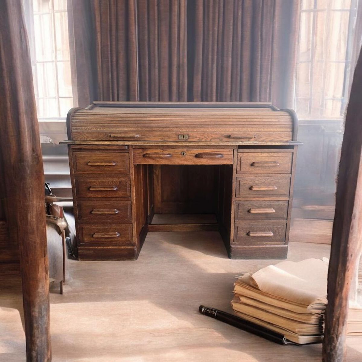 Vintage Houten Amerikaanse Bureau Met Rolluik Deur image 3