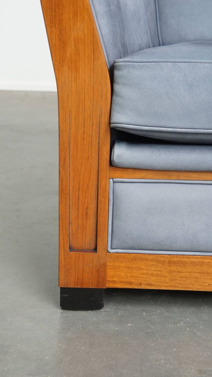 Leuke Schuitema Art Deco Design Bank Met Mooie Blauwe Nubuck Lederen Bekleding image 10