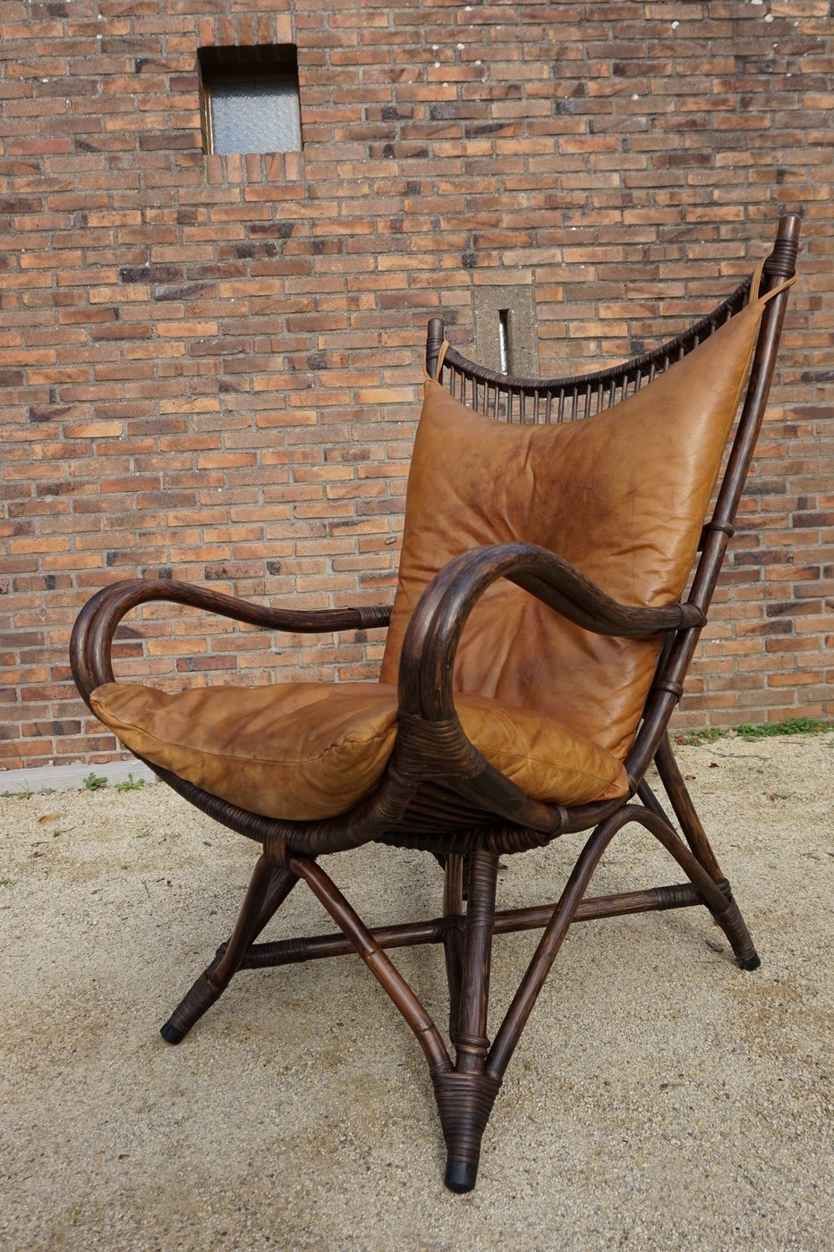 Vintage Rotan/bamboe Fan Back Lounge Chair Met Leren Kussens, Jaren 60, Toegeschreven Aan Rohé No image 3