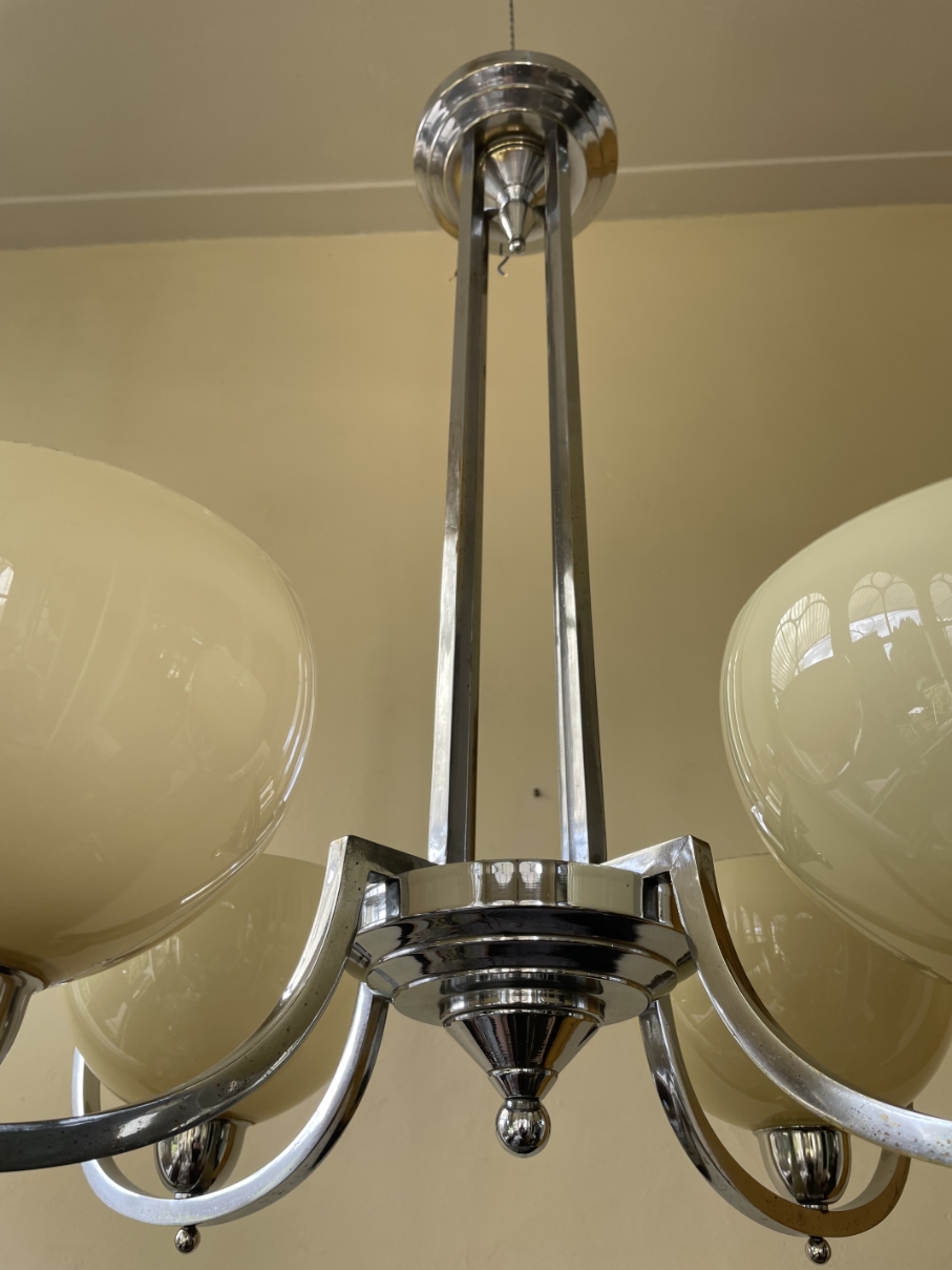 Lamp Hanglamp Art Deco 1930 4 Arms Met Gele Schalen Verchroomd image 3