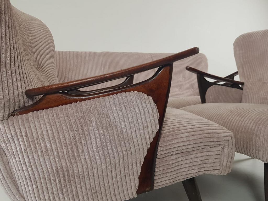 Vintage Bank | Bankstel Roze Ribstof Nieuw Teak image 6