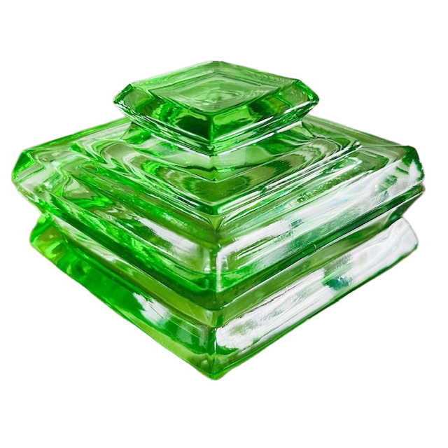 Vintage Strakke Duitse Poederdoos Emerald Groen Kristal Sieradendoos 1940’s image 2