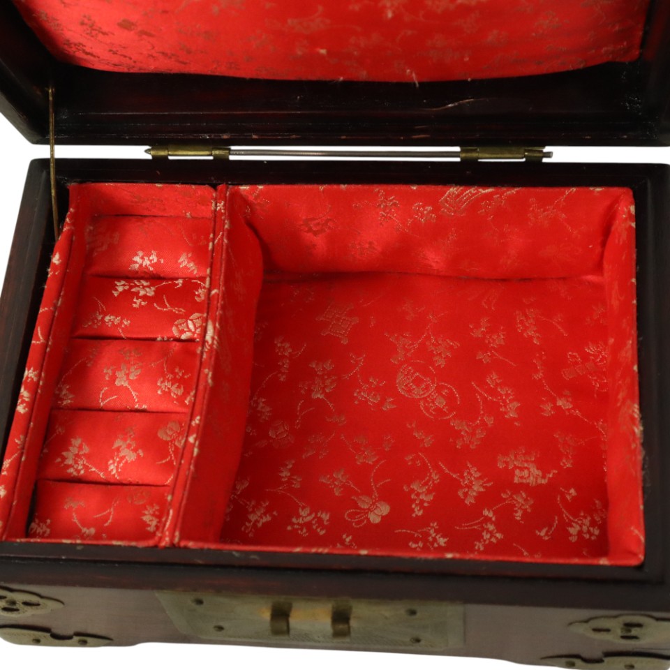 Oude Chinese Juwelenkist Sierraden Doos Jade Palissander Messing image 11