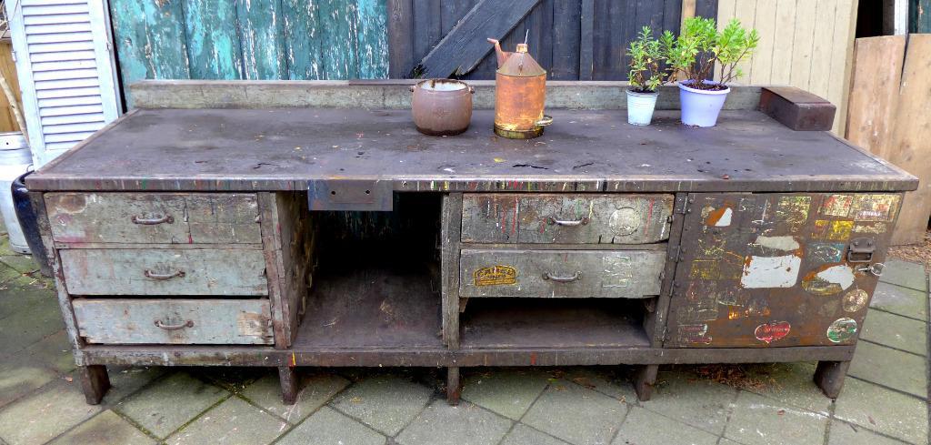 Prachtige Grote Vintage Industriele Toonbank Werkbank 273 Cm image 9