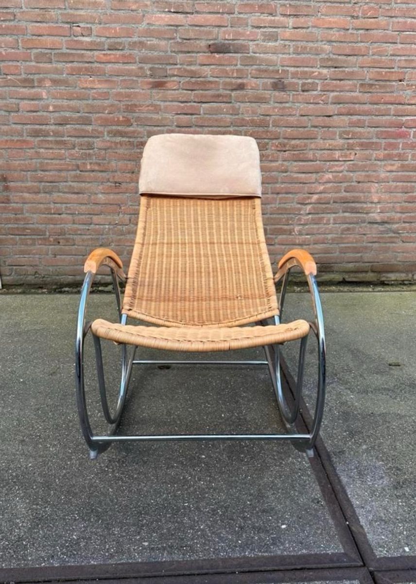 Vintage Chrome And Wicker Rocking Chair, 1970s image 4