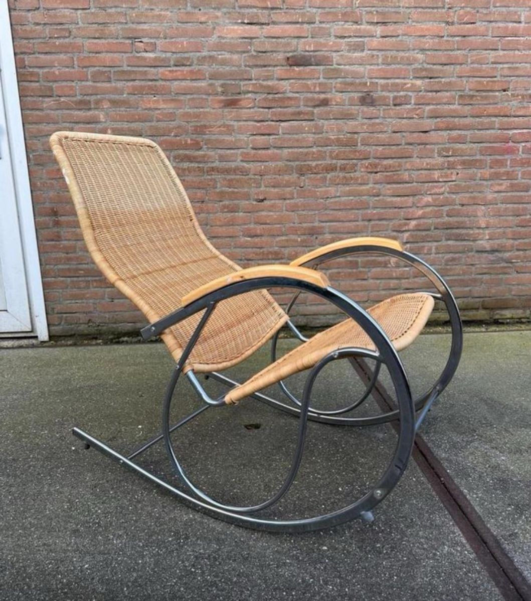 Vintage Chrome And Wicker Rocking Chair, 1970s image 7