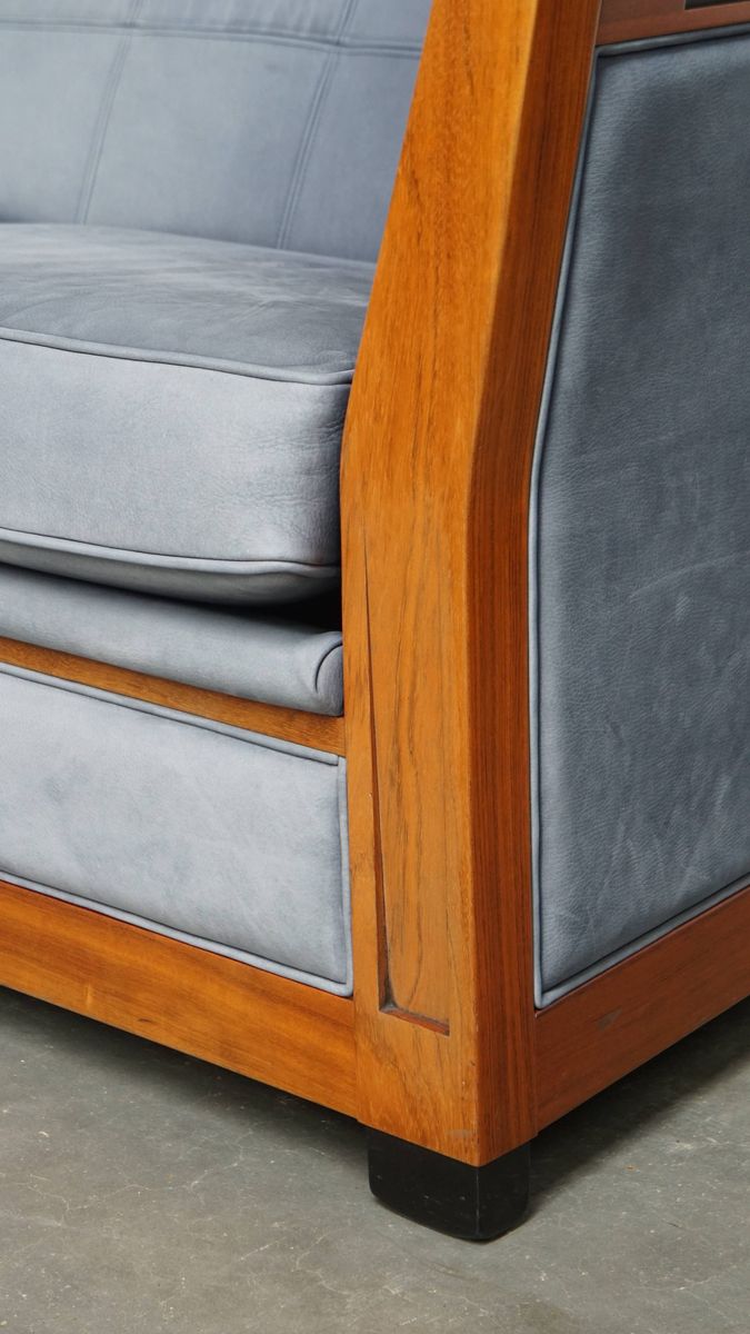 Leuke Schuitema Art Deco Design Bank Met Mooie Blauwe Nubuck Lederen Bekleding image 15