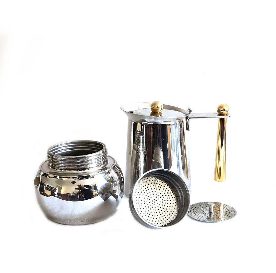 Cafetière Moka Kitty Oro GB Guido Bergna - 6 Tasses - Inox Et Or 24 Carats - Vintage Italie