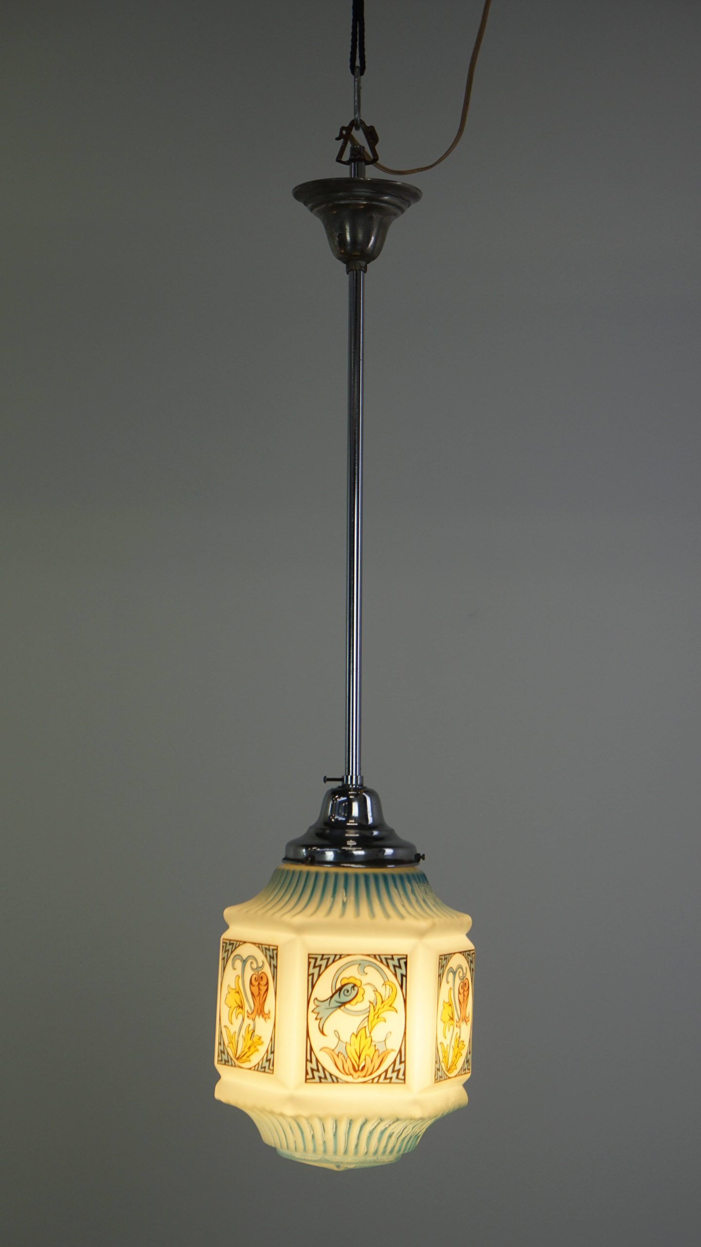 Vintage Voornamelijk Blauwe Art Deco Design Hanglamp Met Mooi Geschilderd Glas image 4