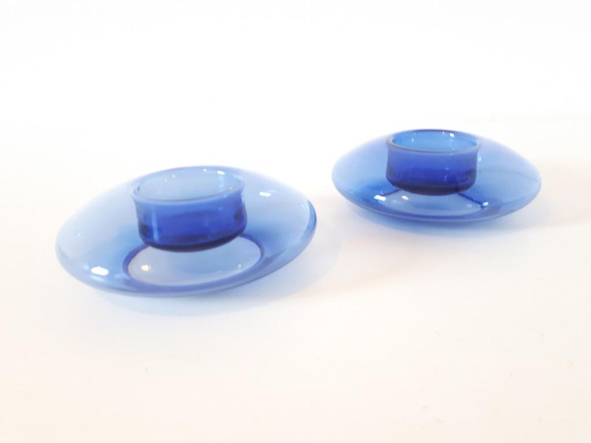 80's 2 Vintage Glazen Waxinehkuders Kobalt Blauwe Kandelaars image 3