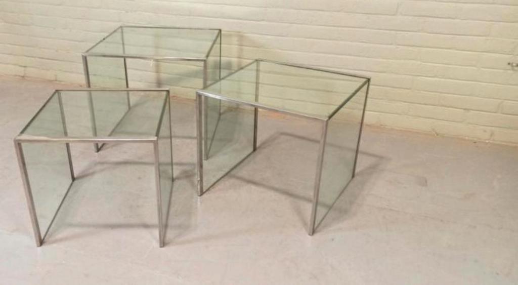 Vintage Glas En Chrome Mimiset Nesting Tables Bijzettafels image 20