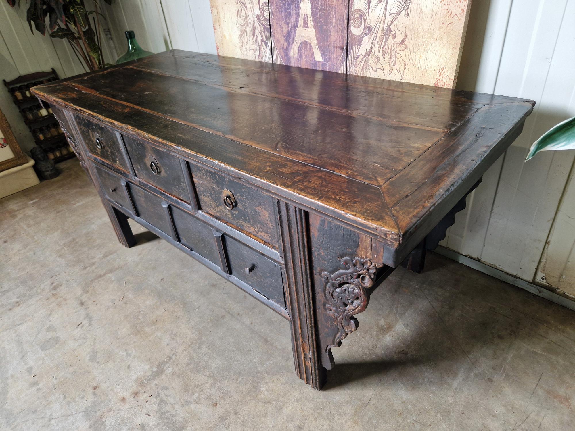 Antiek Oosters Altaar, Wandconsole Sidetable, Salontafel Met 3 Lades Afm. 70x164cm En 70cm Hoog. image 4