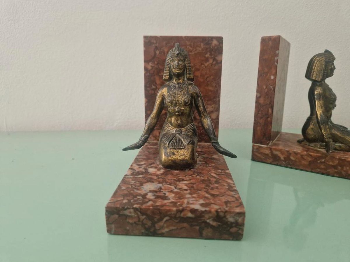 Art Deco Egyptian Revival Brons En Marmeren Boekensteunen image 2