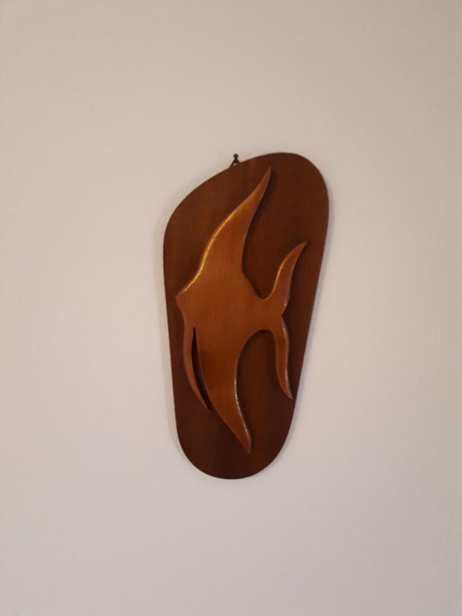 * 50's Teakhouten Wandplank Vintage Schilderijtje Maanvis image 2