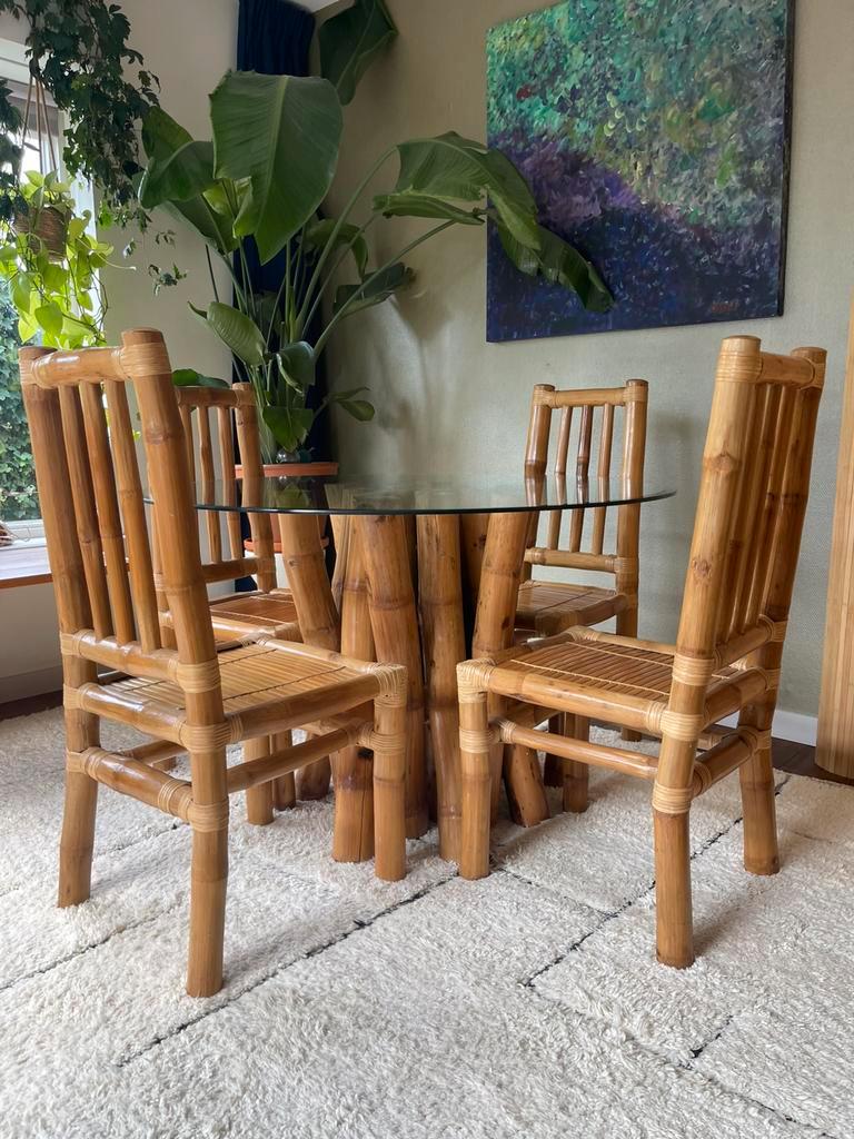 Vintage Boho Bamboe Eetkamerset - Eettafel Met Stoelen image 10