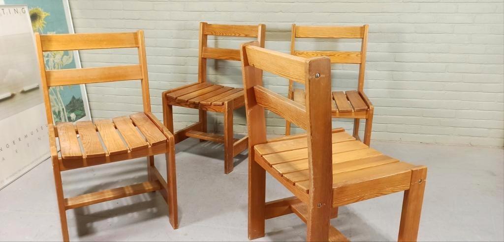 Set Van 4 Vintage Massief Grenen Eetkamerstoelen image 17