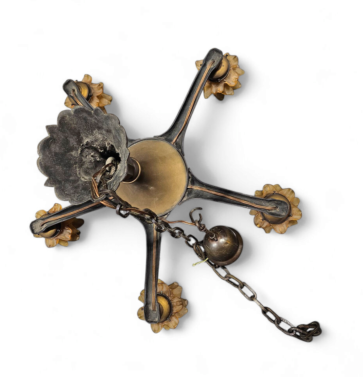 5 Arms Art Deco / Art Nouveau / Brass Hanging Lamp / Hand Blown Floral Shades image 16