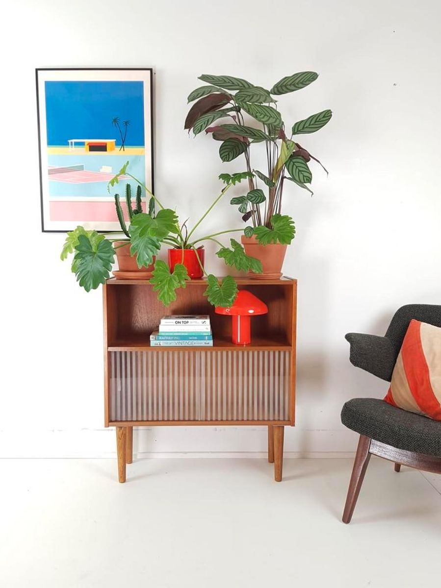 2 Vintage Teak Houten Deense Kastje Glazen Deurtjes Keuken image 3