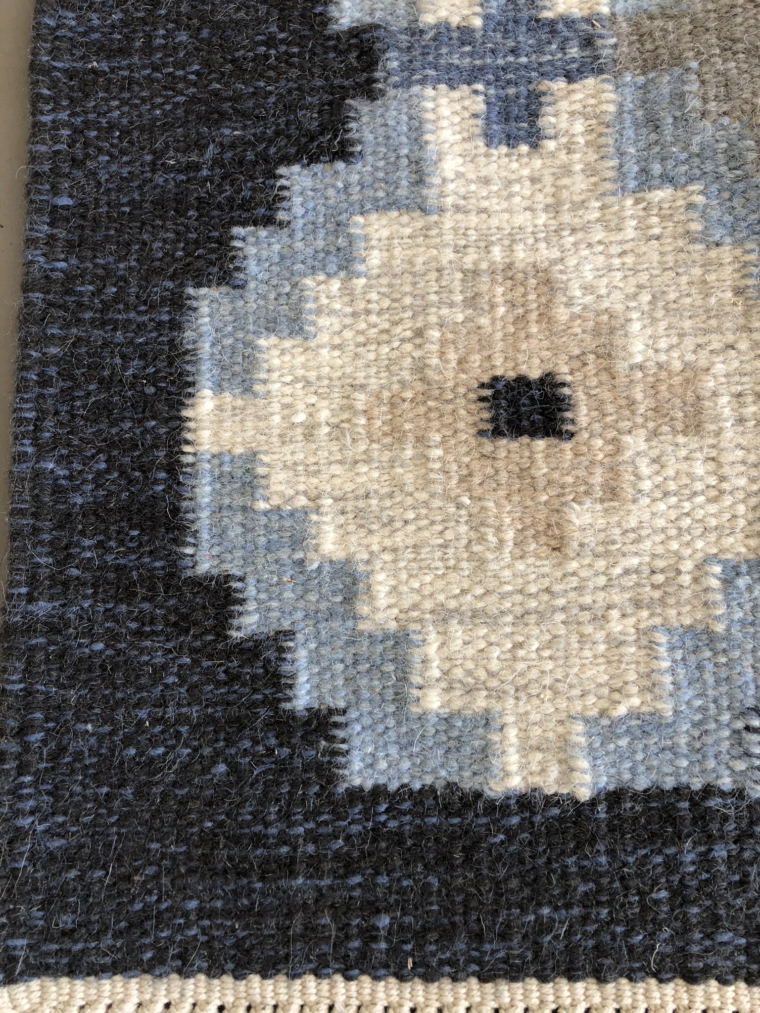 Handgeweven Scandinavisch Wollen Röllakan Vloerkleed Blauw Grijs Crème image 5