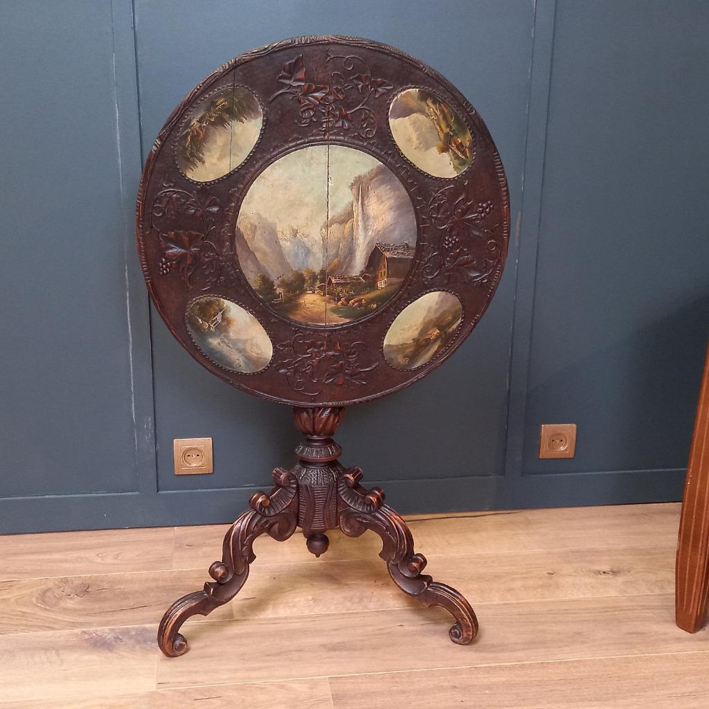 Antieke Tilttop Tafel 19e Eeuw Met 5 Schilderingen image 9
