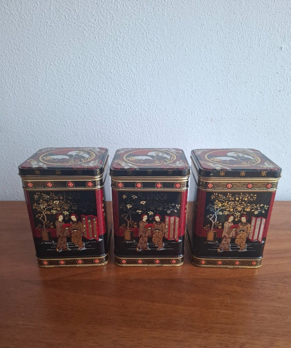 3 Grote Vintage Vierkanten Blikken Met Geisha, Kraanvogels En Kersenbloesem image 3