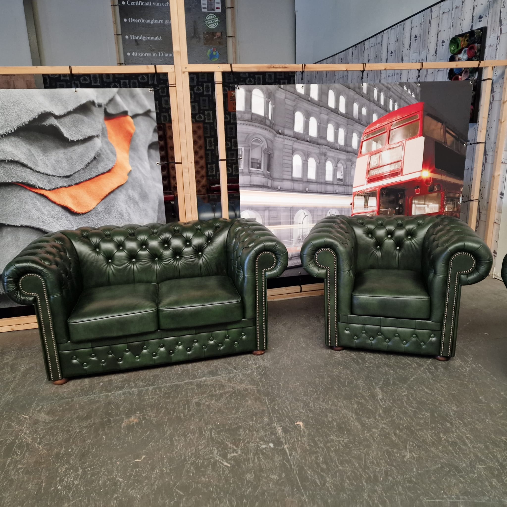 Chesterfield Brighton Antiek Groen – 1+2+3-zits Bankset Met Salontafel image 13