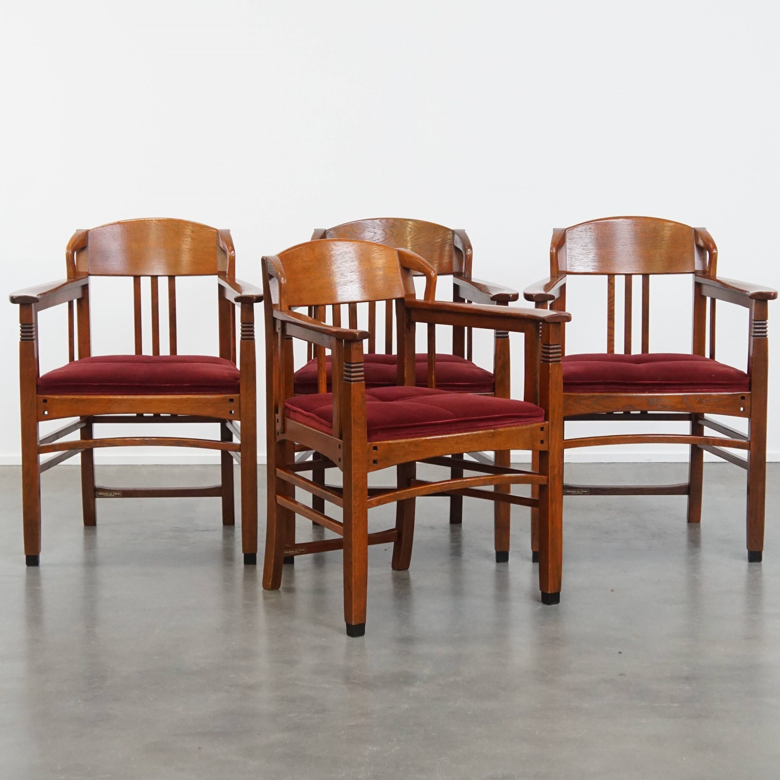 Set Van 4 Art Nouveau/ Jugendstil Design Schuitema Eetkamerstoelen Met Rode Stoffen Bekleding image 2