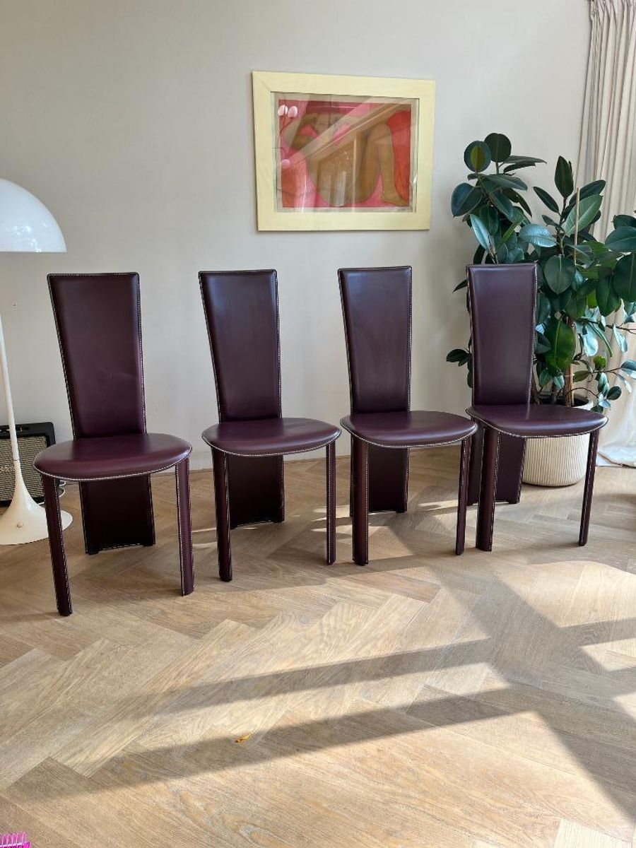 Set Van 4 Frag Italia Eetkamerstoelen – Aubergine Leer image 3