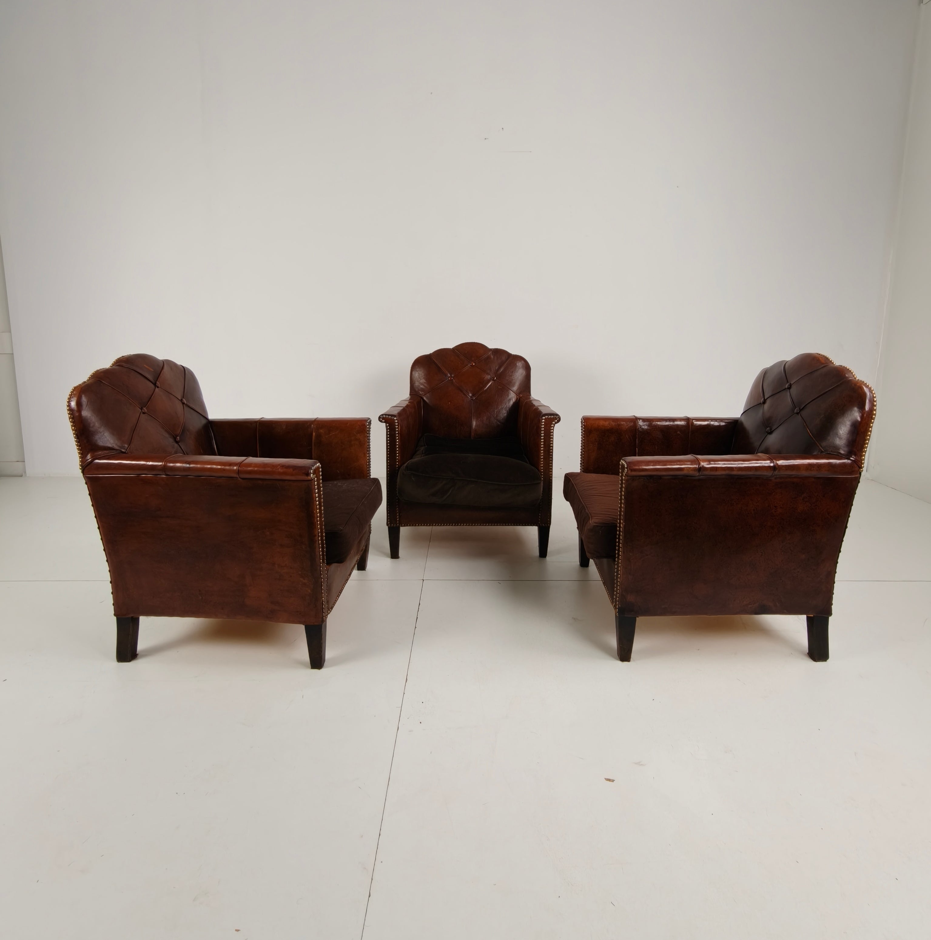 Prachtige Set Van 3 Leren Clubstoelen – Jaren 30 Schapenvacht image 3