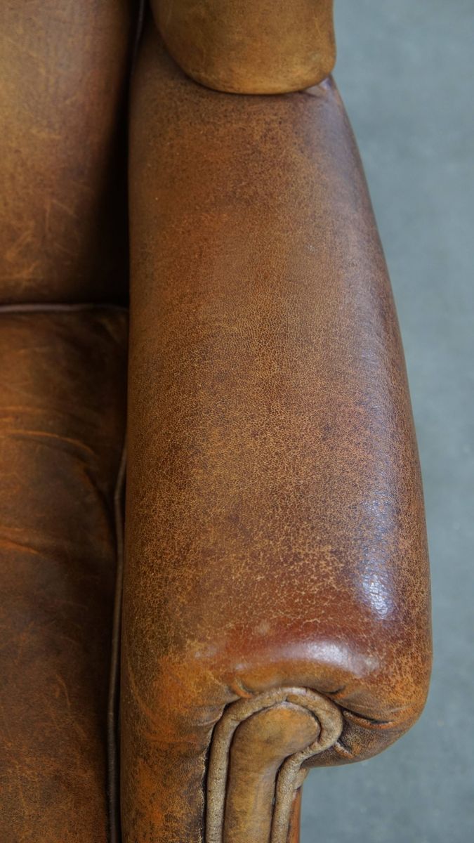 Geweldige, Karaktervolle Vintage Schapenleren Oorfauteuil Met Een Mooi Patina image 8