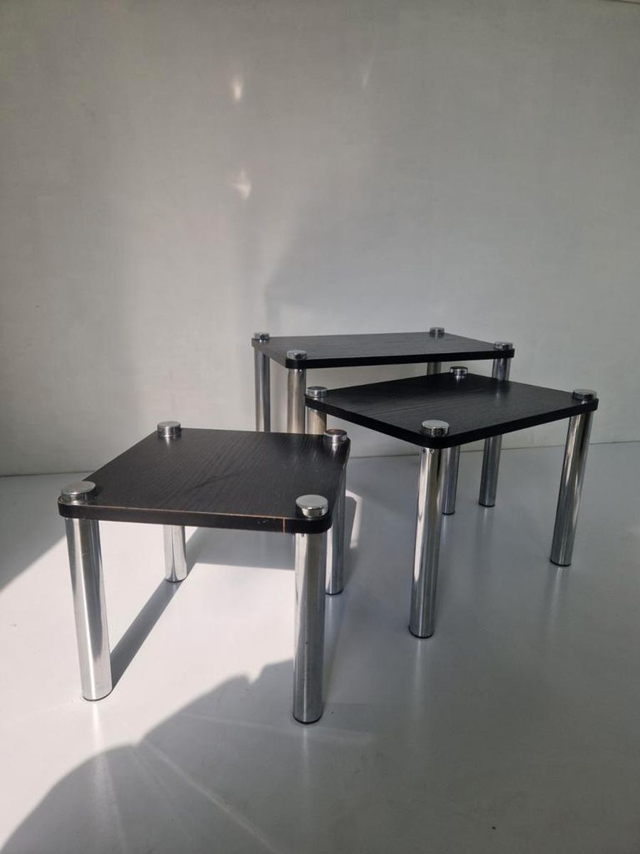 Mid Century Mimiset Nest Tafeltjes Hout En Chroom image 2