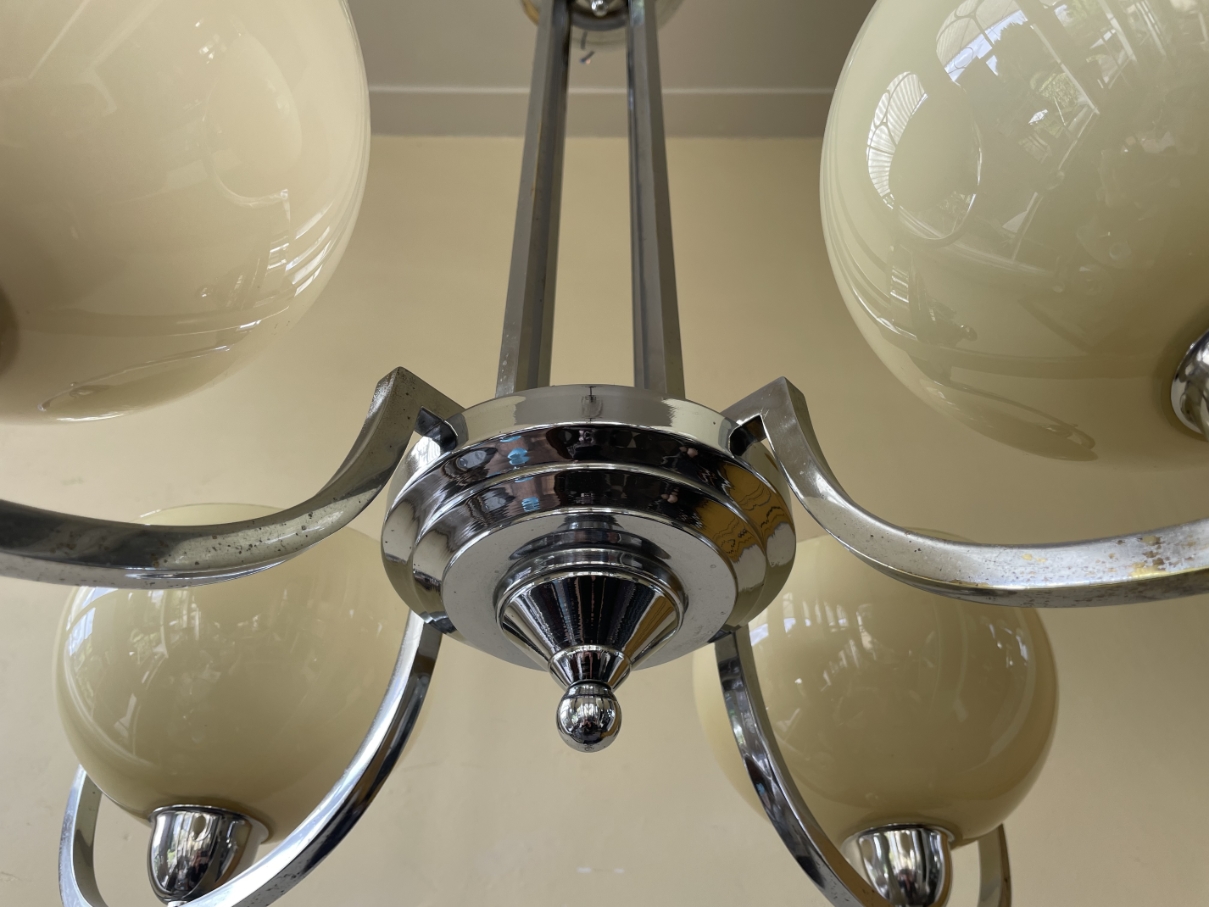 Lamp Hanglamp Art Deco 1930 4 Arms Met Gele Schalen Verchroomd image 7