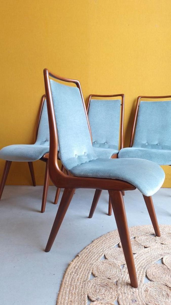 Awa Vintage Dinner Chairs, Teakhouten Stoelen Met Mohair image 2