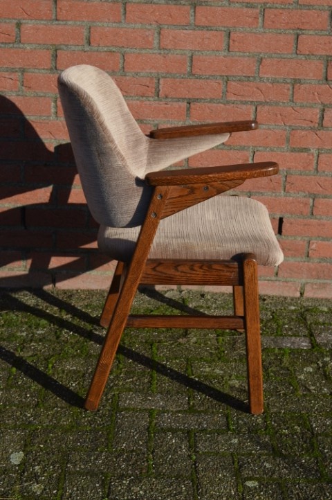 Retro Eiken Pynock Armstoel Beige Bruine Velours Bekleding image 2