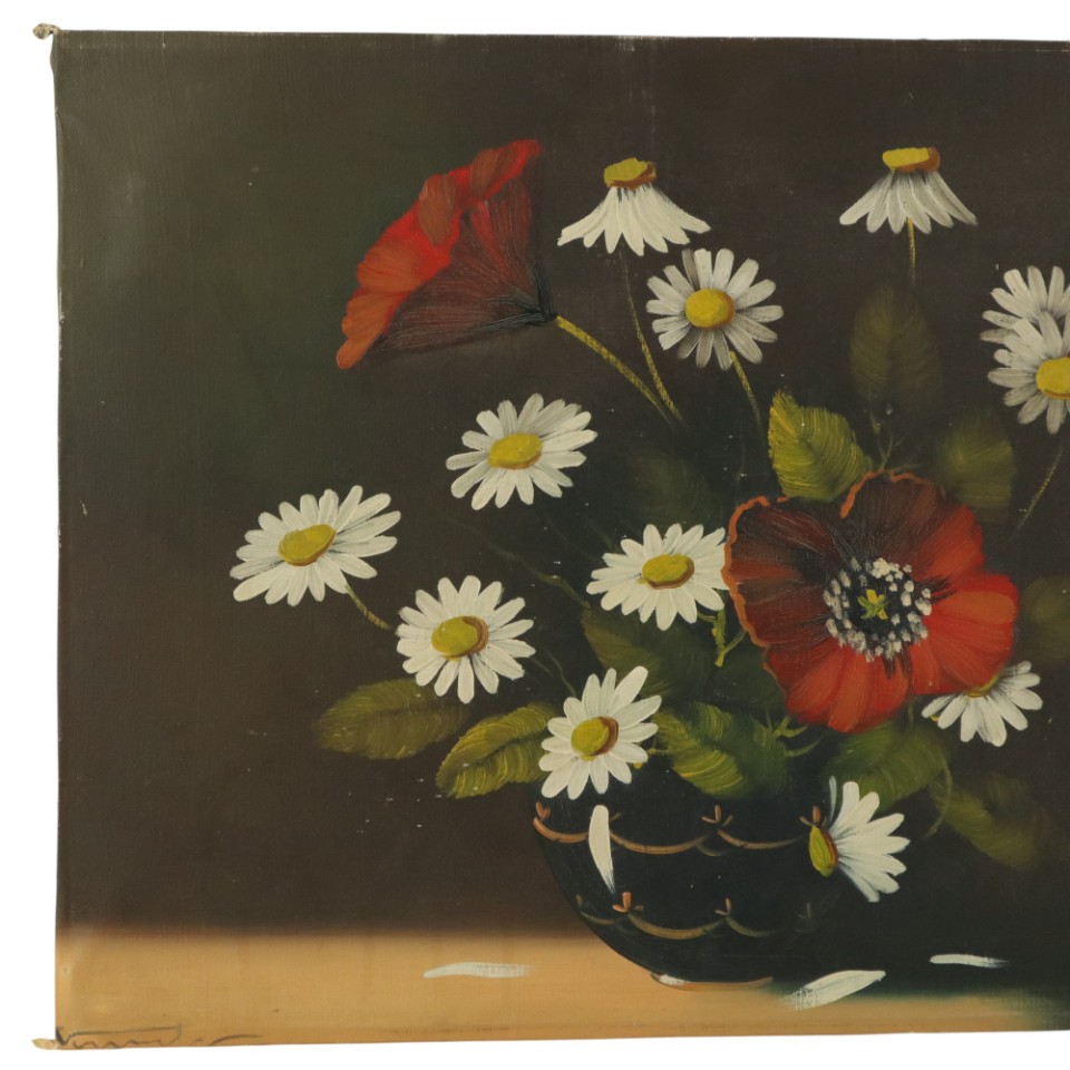 Bloemen Stilleven Schilderij Margrieten Klaproos Gesigneerd 47x38cm image 7