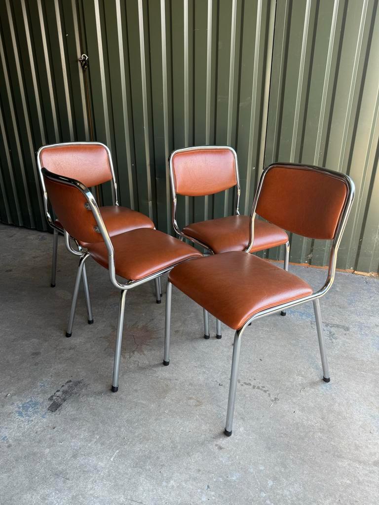 Set/4 Italian Mid-century Tavo Stoelen In Cognac Skai Leder image 2