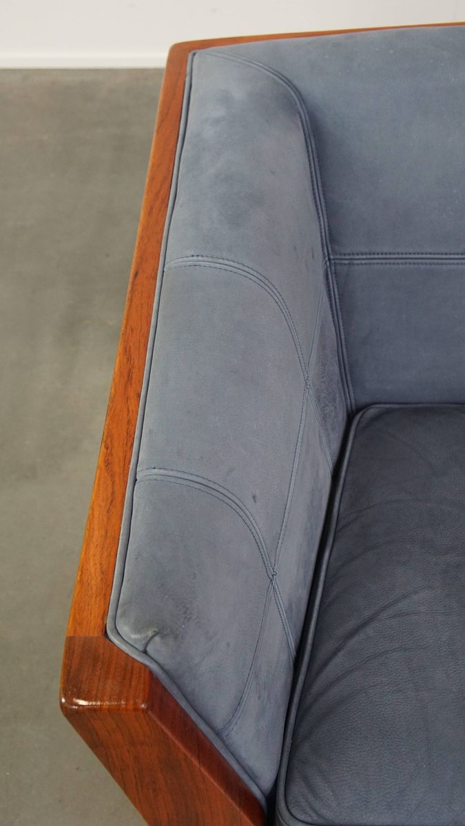Geweldige Schuitema Art Deco Design Bank Met Mooie Blauwe Nubuck Lederen Bekleding image 7