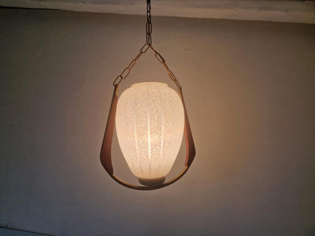 Vintage Scandinavische Teak En Glas Hanglamp. image 5
