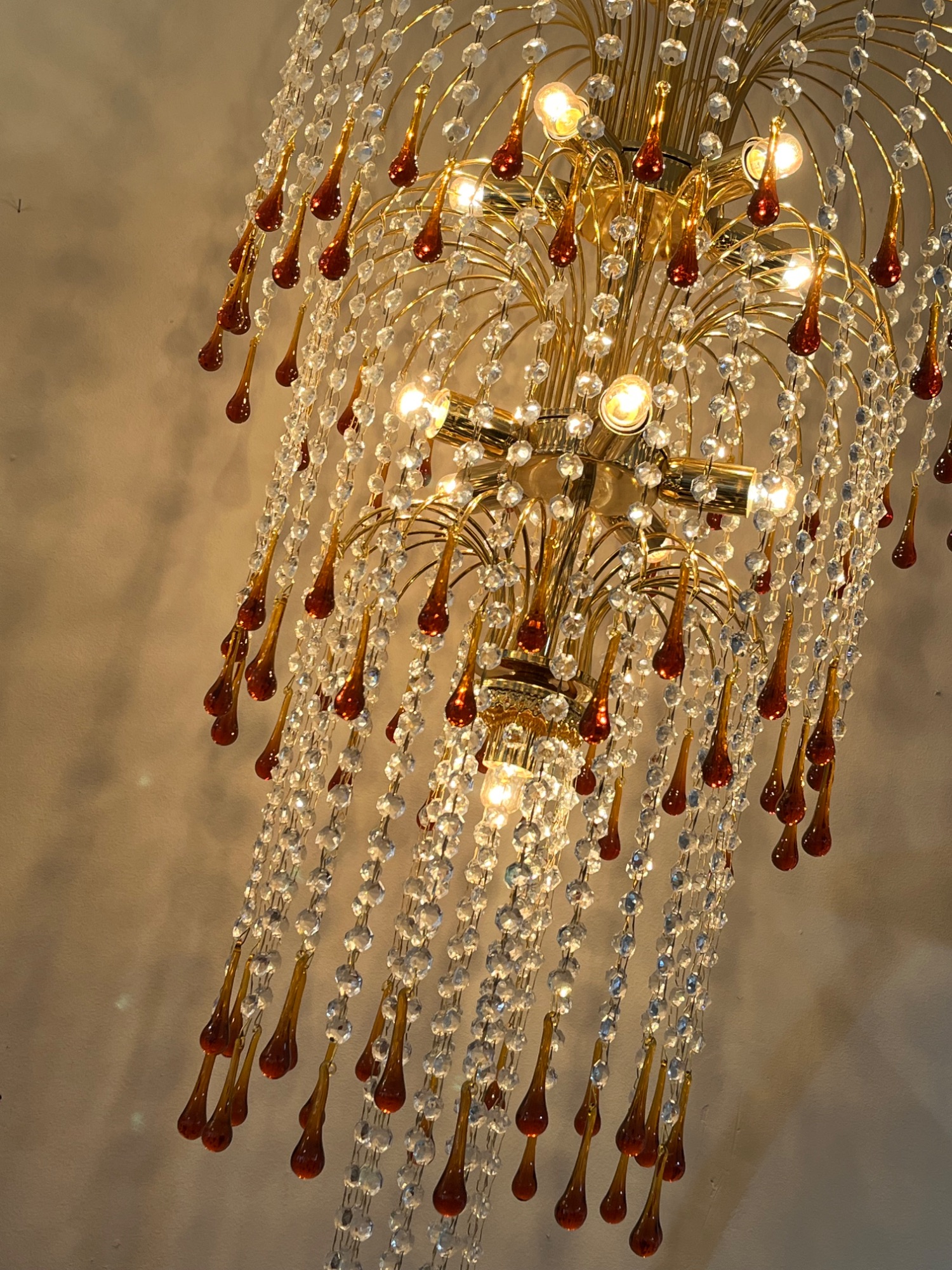 Xxxl Vintage Murano Teardrop Bruine Pegels Kroonluchter Goud Frame image 5