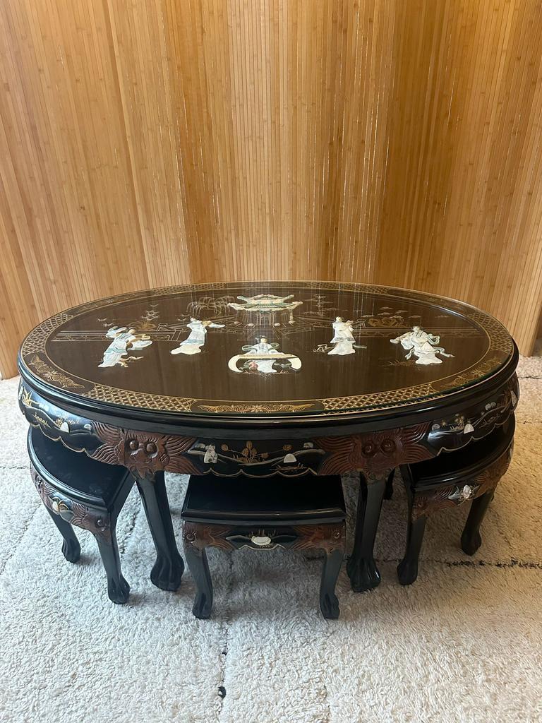 Chinese Salontafel Met Houtsnijwerk Incl 6 Krukjes image 10