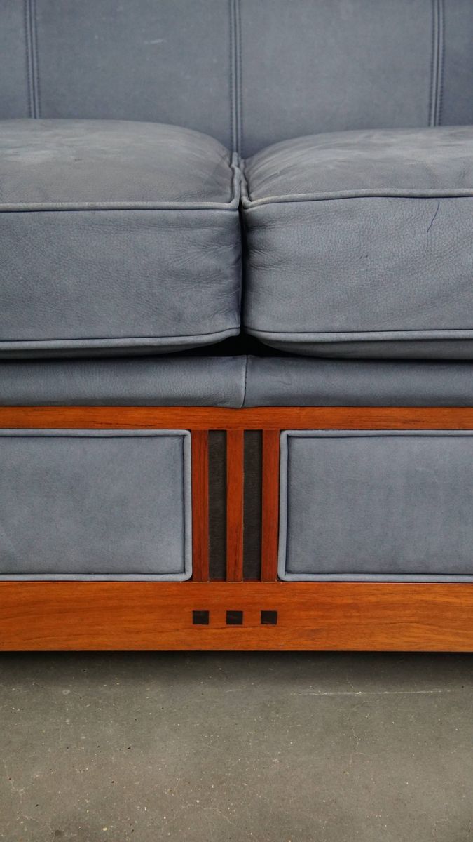 Geweldige Schuitema Art Deco Design Bank Met Mooie Blauwe Nubuck Lederen Bekleding image 9