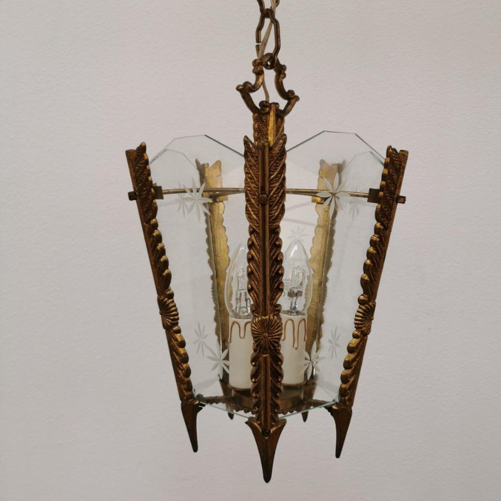 Vintage Franse Messing Lantaarnlamp, Hanglamp, Lamp Met Ketting image 7