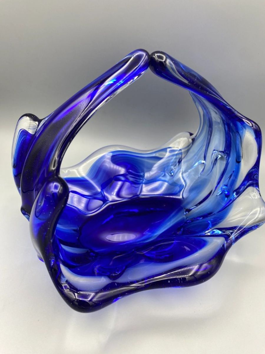 Vintage Glazen Schaal Mand 50's Blauw Lux Glass Faconne Main Austria image 3