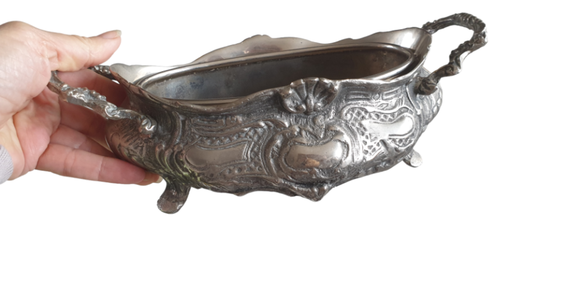 Prachtige Metalen Jardiniere, Verzilverd? Metalen Binnenbak image 4