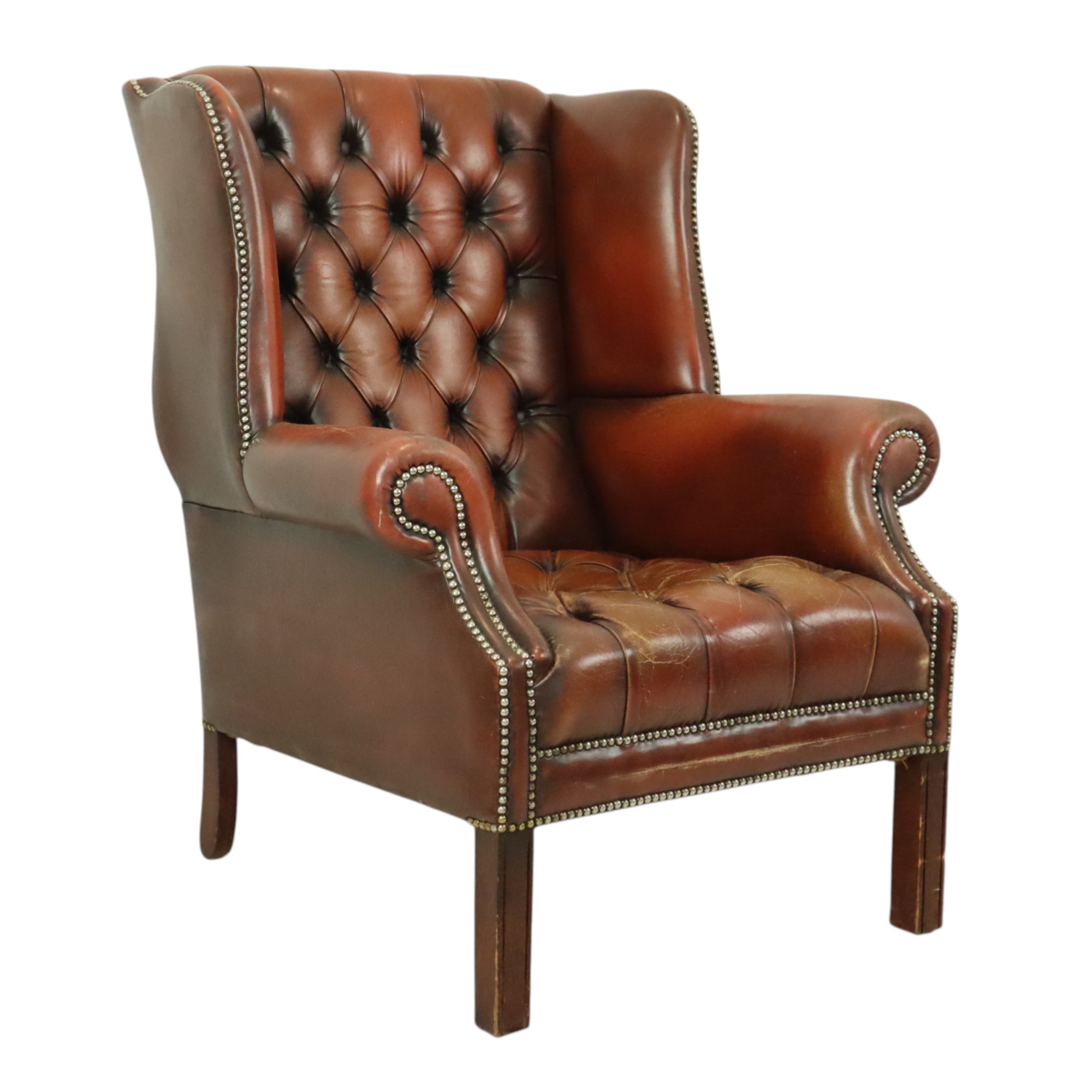 Oude Chesterfield Zetel Bruin Leder Wingchair Oorfauteuil image 3