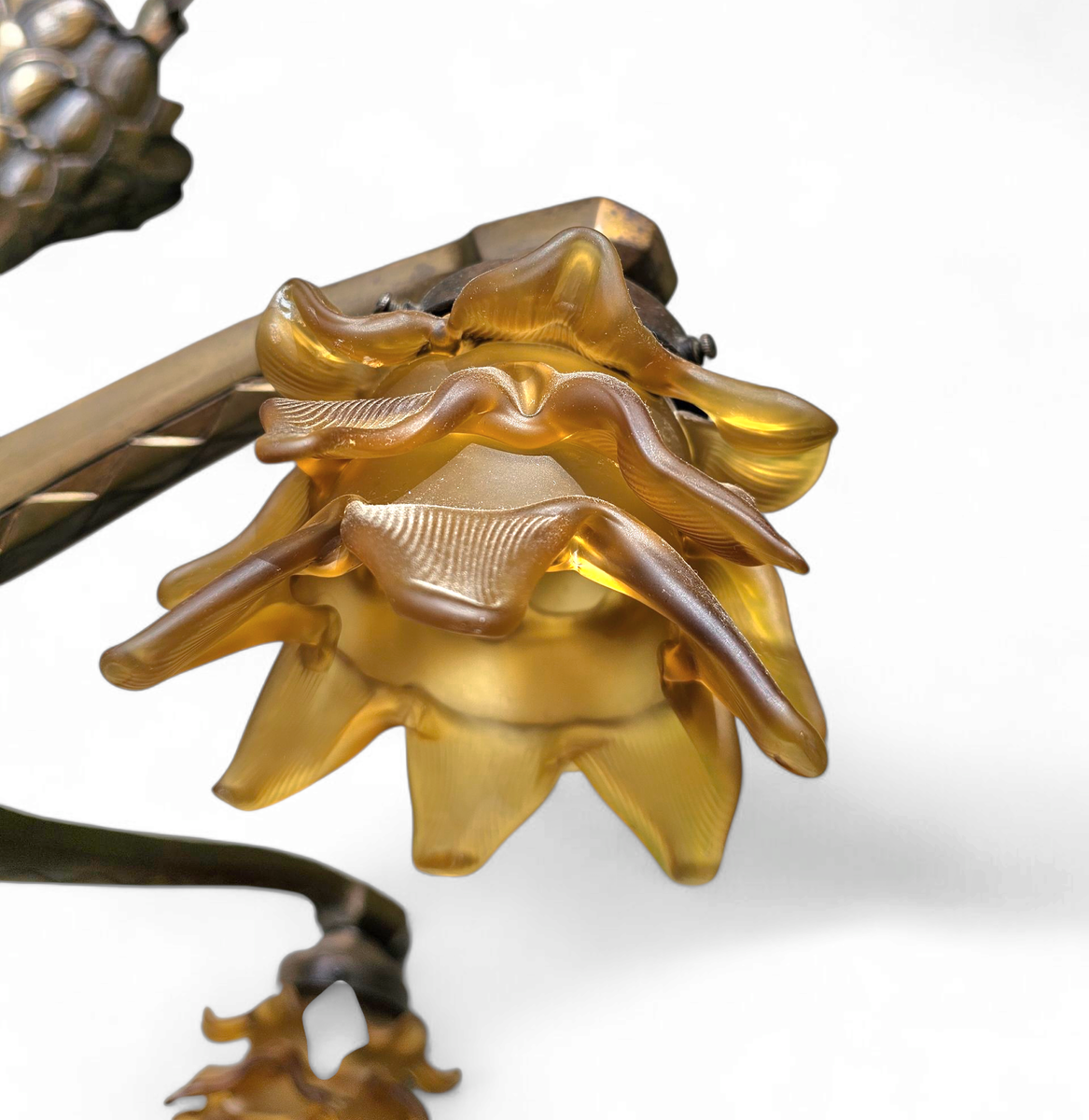 5 Arms Art Deco / Art Nouveau / Brass Hanging Lamp / Hand Blown Floral Shades image 11